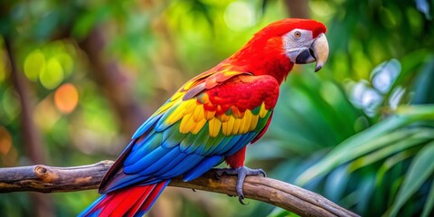 Obraz premium Scarlet Macaw Perched on a Branch, Red, Yellow, Blue Feathers, Tropical Bird, Parrot, Wildlife