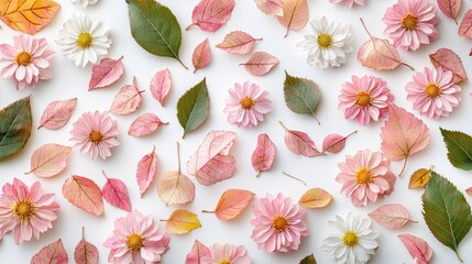 Minimalistic Autumn Composition with Blush Pink and Forest Green Leaves, Mini Asters on White Background