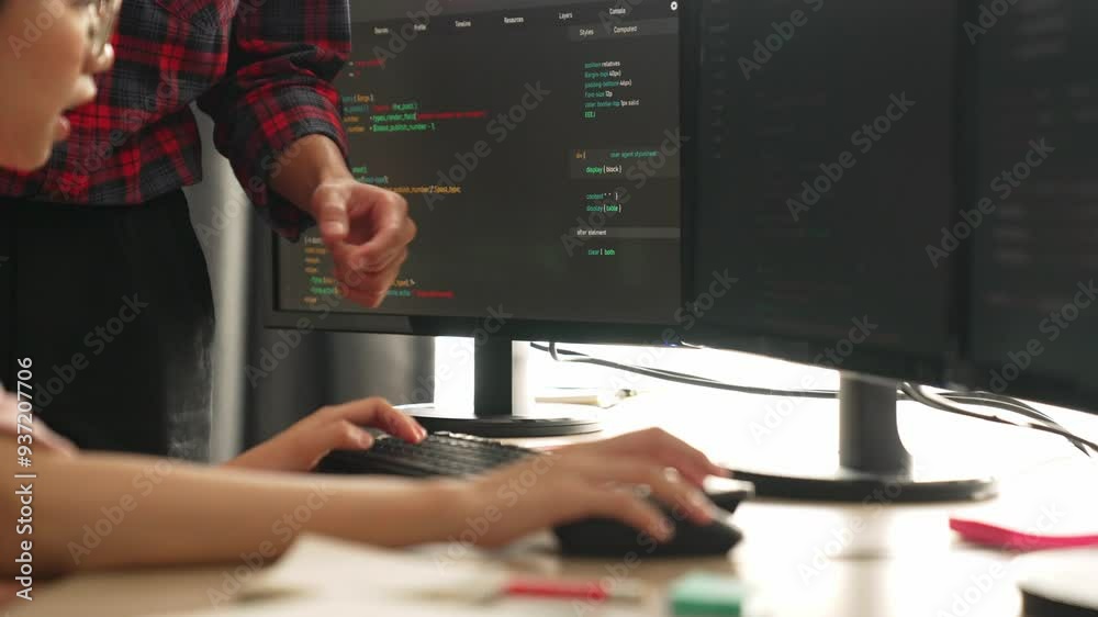 Wall mural back end or software developer manager supervising his team on new application program development o