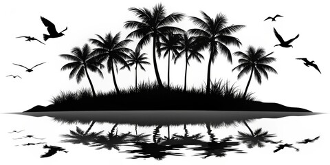 Fototapeta premium Silhouette of Palm Trees on a Tropical Island, Black and White, Palm Trees, Tropical, Silhouette, Birds