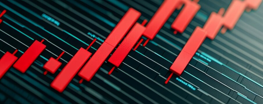 Dynamic financial market graph showing red candlestick pattern indicating a decline in stock prices over time.