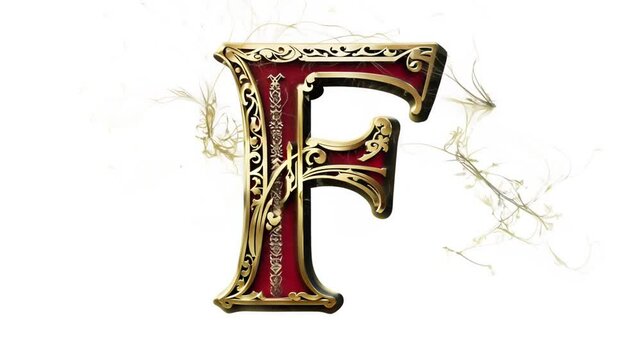 Red and Gold Ornate Letter F With Floral Accents Generative AI