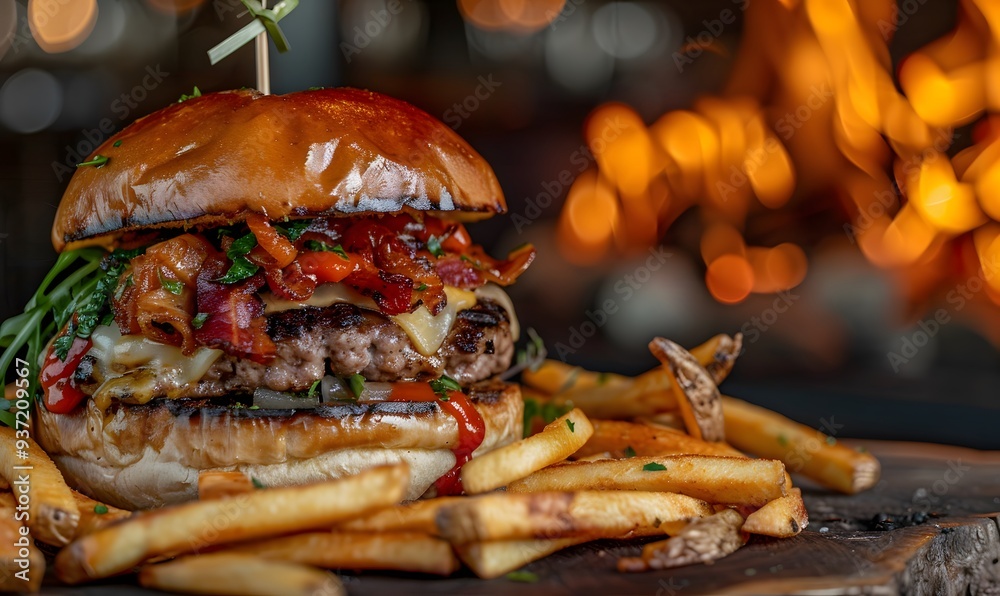 Wall mural Tasty burger with french fries and fire. 