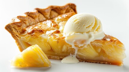 A slice of warm, freshly baked pineapple pie with a scoop of vanilla ice cream melting on top