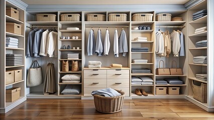 A spacious, well-organized closet with neatly folded clothes, stacked storage bins, and a few decorative items, exuding a sense of calm and serenity.