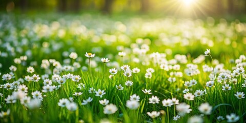 Fototapeta premium Sunlit Meadow with White Flowers, Nature , Floral , Spring , Landscape