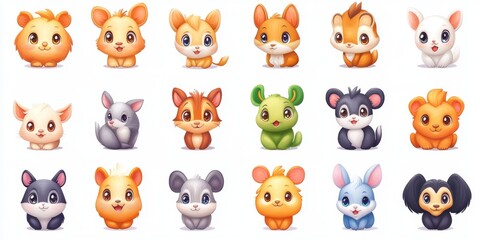 Obraz premium Colorful Cartoon Animal Characters Set: Vibrant Wildlife Icons for Children's Books and Educational Materials. Cute Zoo Animals Collection for Graphic Design, Advertising, and Digital Marketing. AI-Ge