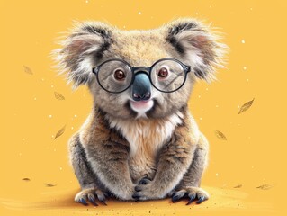 Cute Koala Wearing Glasses with Yellow Background