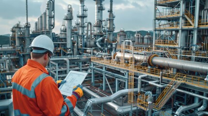 Fototapeta premium Industrial Precision: Engineer Overseeing Operations at a Modern Refinery 