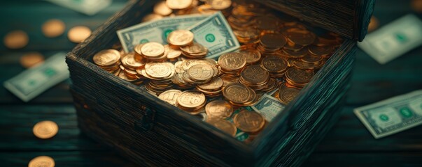 Treasure chest filled with gold coins and dollar bills, symbolizing wealth and fortune.