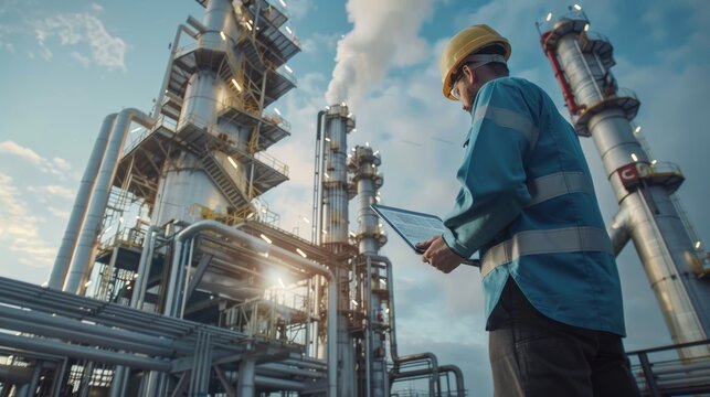 Industrial Engineer at Work: Skilled engineer monitors operations at a modern refinery, showcasing technology and expertise in energy production.