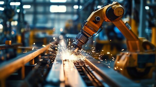 Robotic Precision: A yellow robotic arm executing a welding operation with precision and sparks in a modern industrial setting. 