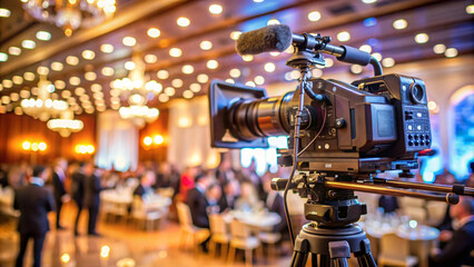 Close-up of a cinema camera in a dimly lit hall, capturing a busy event with many blurred figures and warm lighting in the background