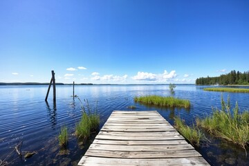 Fototapeta premium A wooden dock extending into a serene lake under a clear blue sky, ideal for peaceful nature and travel themes.