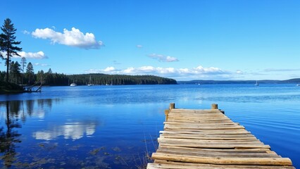 Fototapeta premium A wooden dock extending into a serene lake under a clear blue sky, ideal for peaceful nature and travel themes.