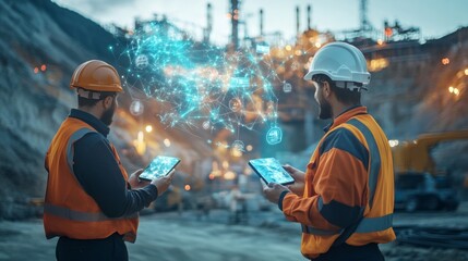 Mining the Future: Engineers utilize digital tablets with augmented reality at a modern quarry, showcasing technology's impact on industry and resource management. 