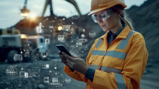 Tech-Enabled Construction: A female engineer, clad in safety gear, utilizes a smartphone amidst a bustling construction site, a futuristic digital overlay illustrating the seamless integration of tech - Powered by Adobe
