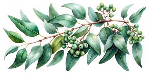 Obraz premium Watercolor Eucalyptus Branch with Green Berries, Watercolor Painting, Eucalyptus Illustration, Botanical Art, Greenery, Eucalyptus Leaves, Nature