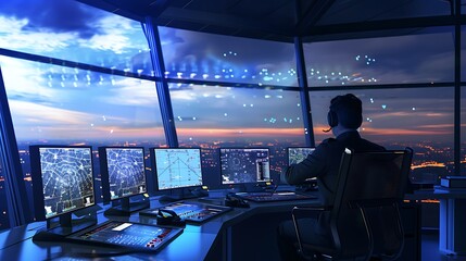 Air traffic controller sits in tower monitoring aircraft traffic on multiple computer screens with city skyline setting sun visible through large windows for aviation management technology concept.