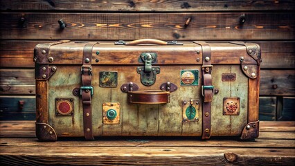 A worn, antique suitcase with rusted hardware and vintage travel stickers sits atop a distressed, wooden chest, evoking nostalgic feelings of bygone adventures.