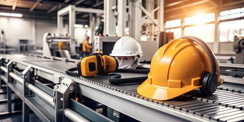 Fototapeta premium 3D Icon as Safety equipment icon and production line concept as A safety equipment icon paired with a production line symbolizing the essential safety gear for manufacturing workers ideal for isolated