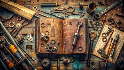 A worn, vintage instructional guide lies open on a rusty workbench, surrounded by scattered tools and mechanical parts, evoking a sense of industrial nostalgia.