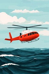 Fototapeta premium A vibrant red helicopter hovering above the ocean waves under a bright blue sky with soft clouds, showcasing aerial adventure.