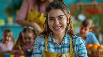 Obraz premium A Smiling Woman with Children in a Kitchen Setting