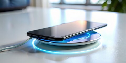 Wireless Charging Smartphone on a Blue-Lit Pad, technology , charging , wireless , power
