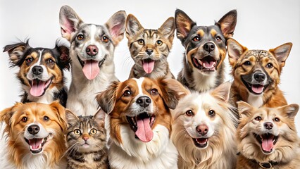 Adorable furry friends await forever homes, showcasing various breeds and mixes of happy dogs and cats in a shelter, highlighting the joy of pet adoption.