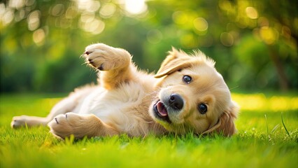 Adorable golden retriever puppy rolls over onto its back, exposing its belly, with paws in the air, showcasing joyful innocence on a sunny green lawn.