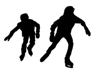 Children and adults ice skate. Isolated silhouettes of people on a white background