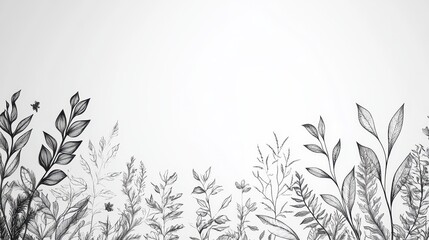 A monochrome illustration of various plants and leaves creating a natural border.