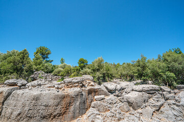 The scenic views of the ancient roman road of Selge, which was an important city in ancient Pisidia and later in Pamphylia, on the slope of Mount Taurus, Antalya, Turkey