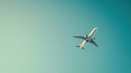 an aeroplane soaring through a clear blue sky, showcasing flight and aviation.