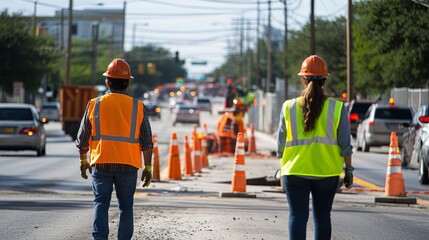 Workers in reflective vests directing traffic around a construction zone