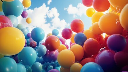 Colorful Balloons Floating in a Blue Sky with Clouds