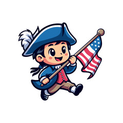 Mascot design of a person carrying an American flag, cute cartoon character illustration