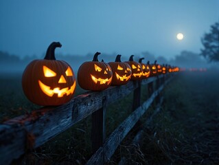 A row of glowing jack-o'-lanterns line a wooden fence on a misty night with the moon shining in the distance.