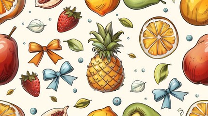 Seamless Pattern with Hand Drawn Fruits and Bows