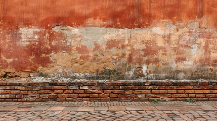 A wide view of a worn, weathered crimson brick wall beside a stone-paved walkway.