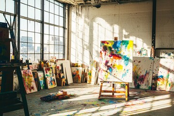 Obraz premium A lively creative space brimming with colorful canvases, playful paint splashes, and sunlight pouring through expansive windows, sparking inspiration and artistry.