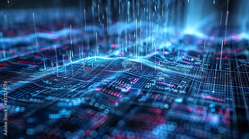 Poster abstract digital landscape depicting a futuristic network and data flow, with glowing lines and intr