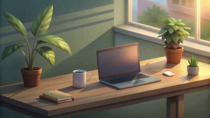Fototapeta premium A Laptop, Coffee, and Plants on a Desk by a Window
