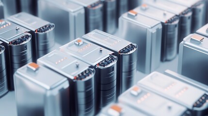 An EV battery module with cylindrical cells, depicted in a realistic style on a white background, representing energy storage technology. 3D Rendering