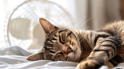 Feline resting in front of a pale air cooler.