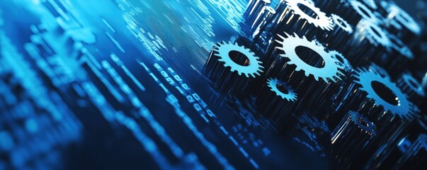 A blue background with many gears on it. The gears are all different sizes and are scattered throughout the image. Scene is one of complexity and intricacy, as the gears seem to be interlocking