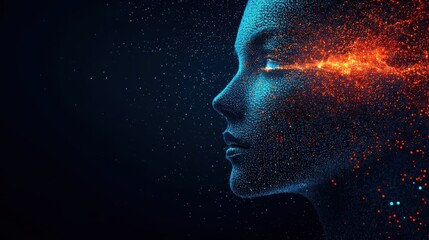 Abstract portrait of a woman, featuring colorful particles and glowing elements, symbolizing creativity and innovation