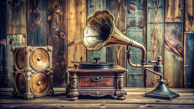 Antique gramophone with ornate metal horn and vintage records on a distressed wooden table, evoking a nostalgic atmosphere of classic music and bygone elegance.