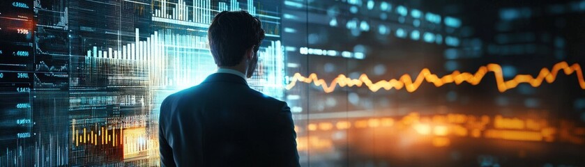 A man is standing in front of a computer monitor with a lot of numbers and lines on it. Concept of technology and complexity, as well as the idea of being in a professional or technical setting